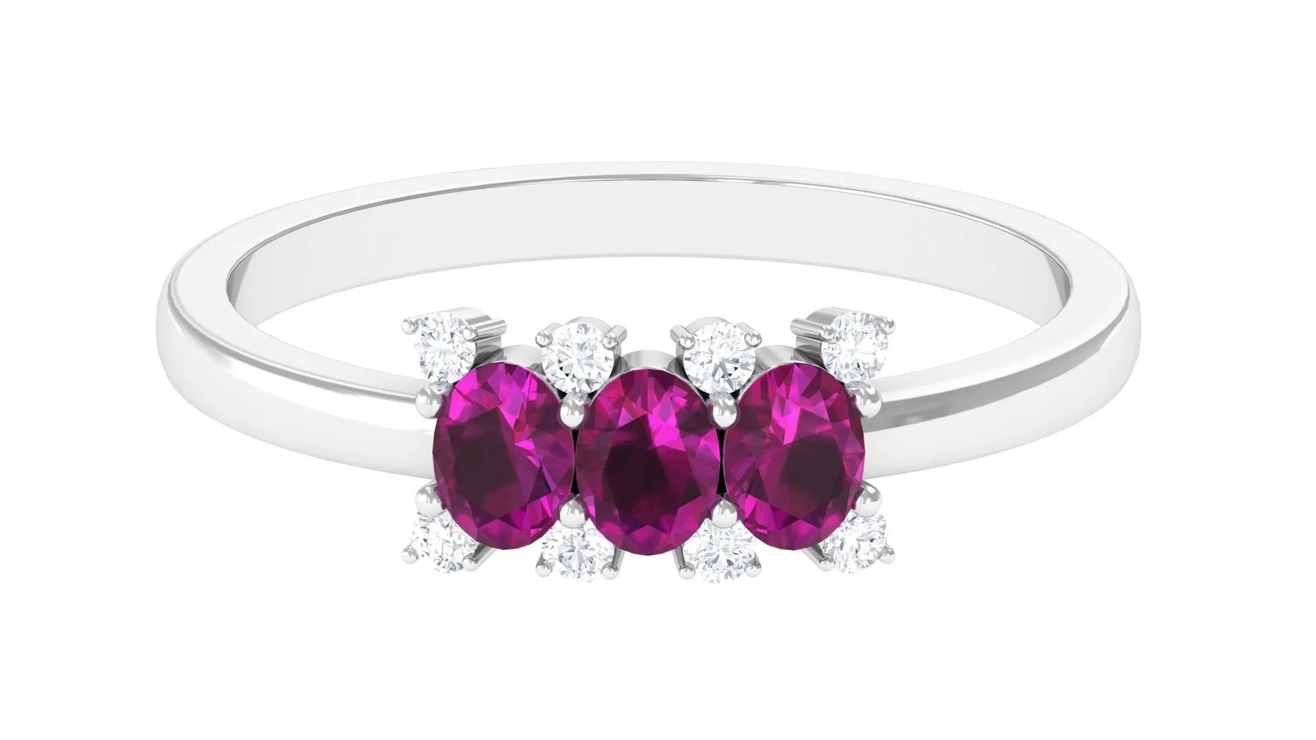 0.75 CT Oval Cut Rhodolite Three Stone Ring with Diamond