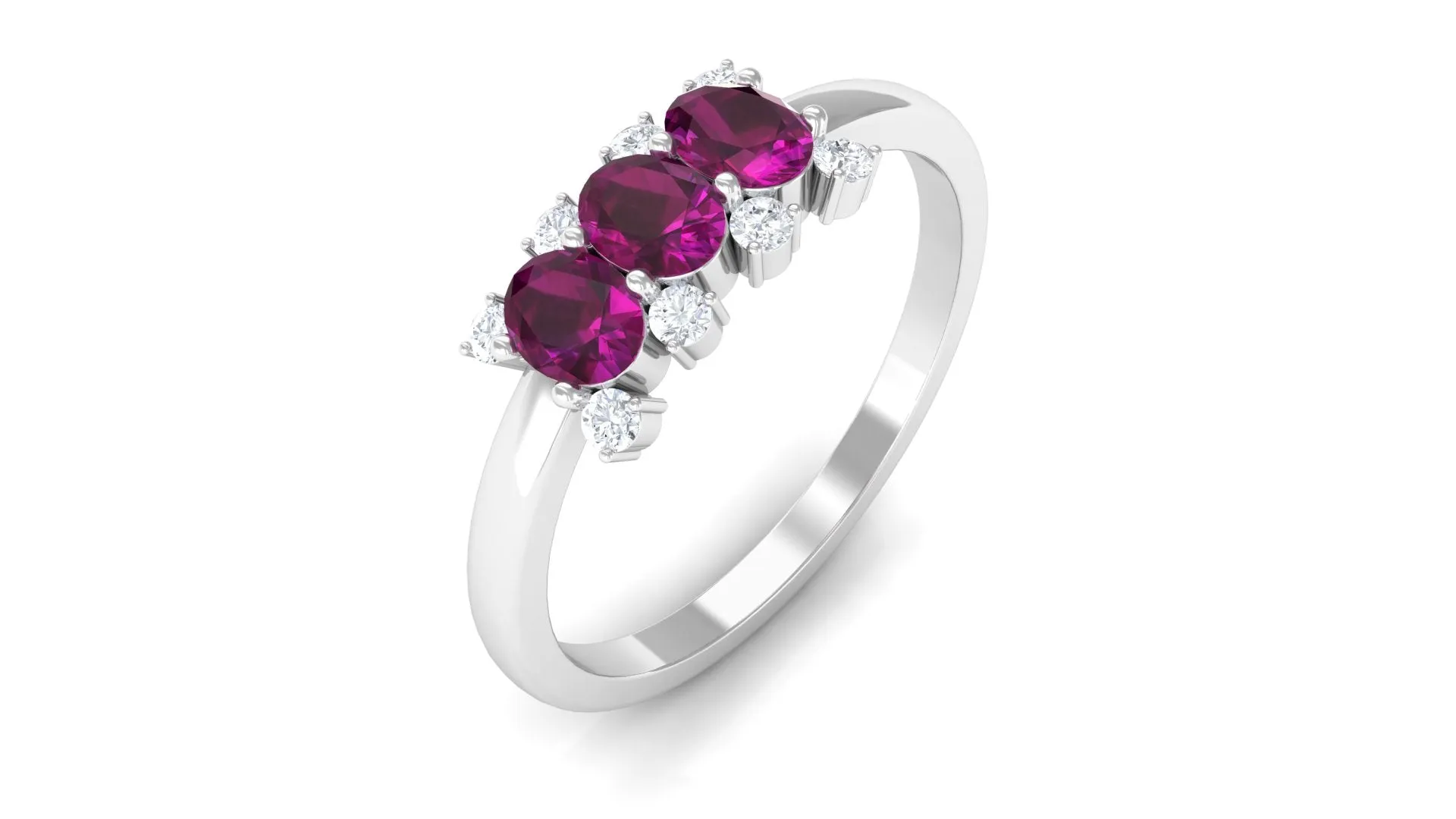 0.75 CT Oval Cut Rhodolite Three Stone Ring with Diamond