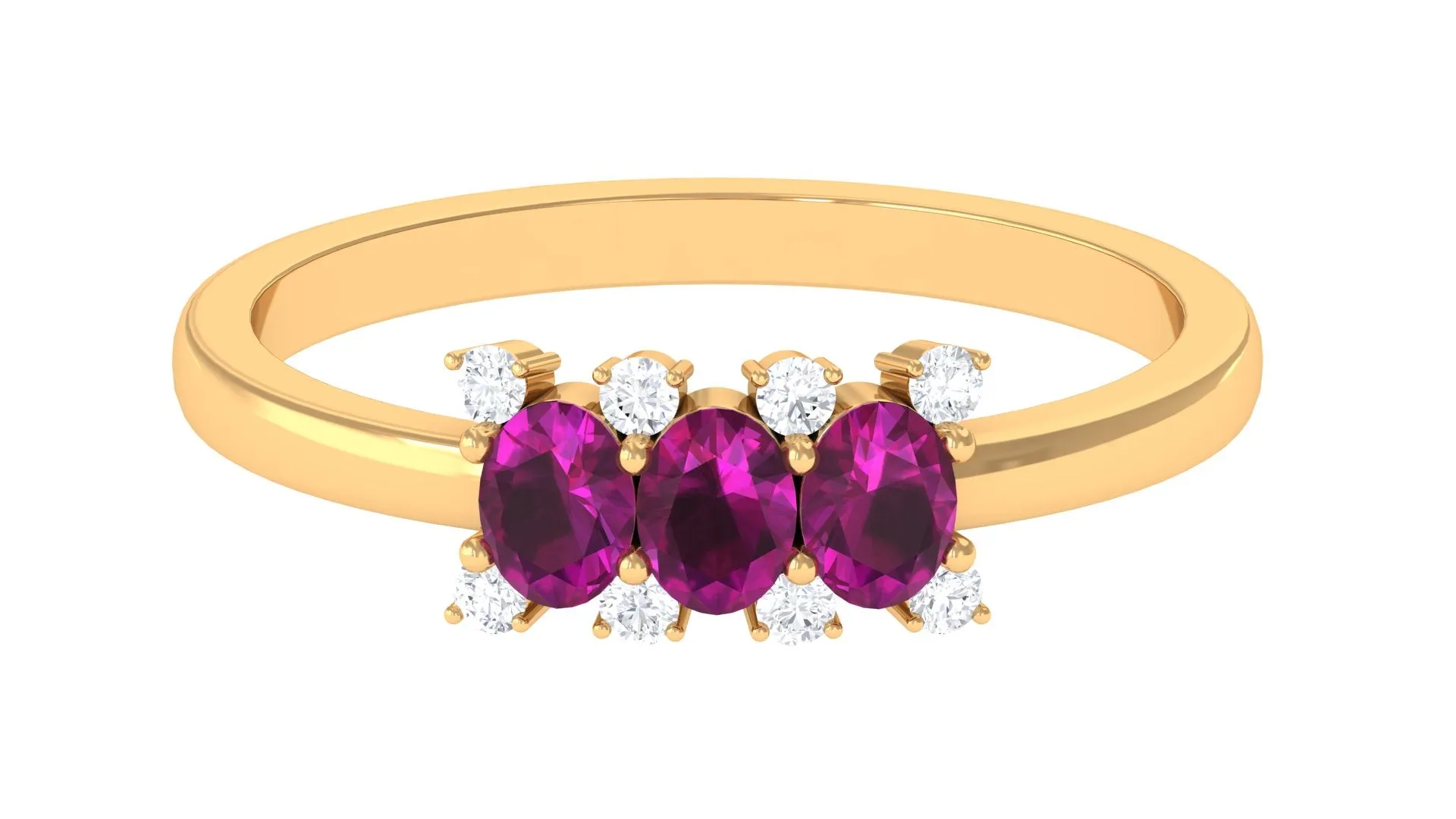 0.75 CT Oval Cut Rhodolite Three Stone Ring with Diamond