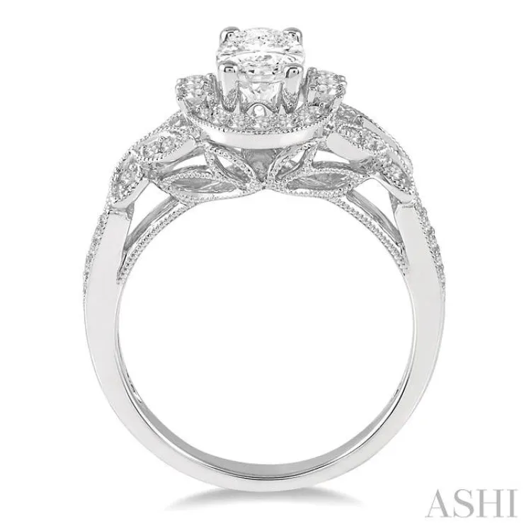 1 1/6 Ctw Decorative Diamond Halo Engagement Ring with 3/4 Ct Oval Cut Center Diamond in 14K White Gold