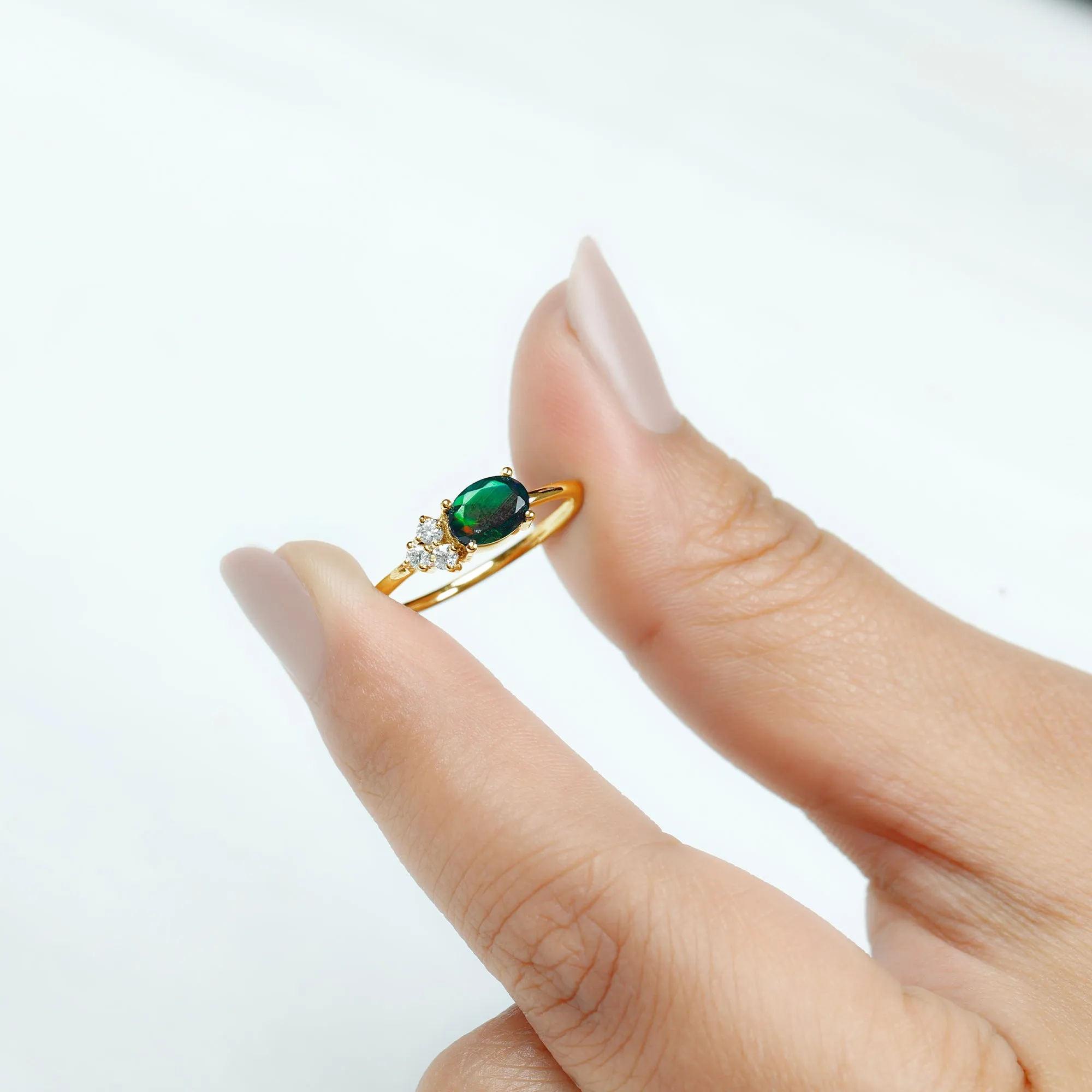 1 CT Oval Black Opal Minimal East West Ring with Diamond Trio