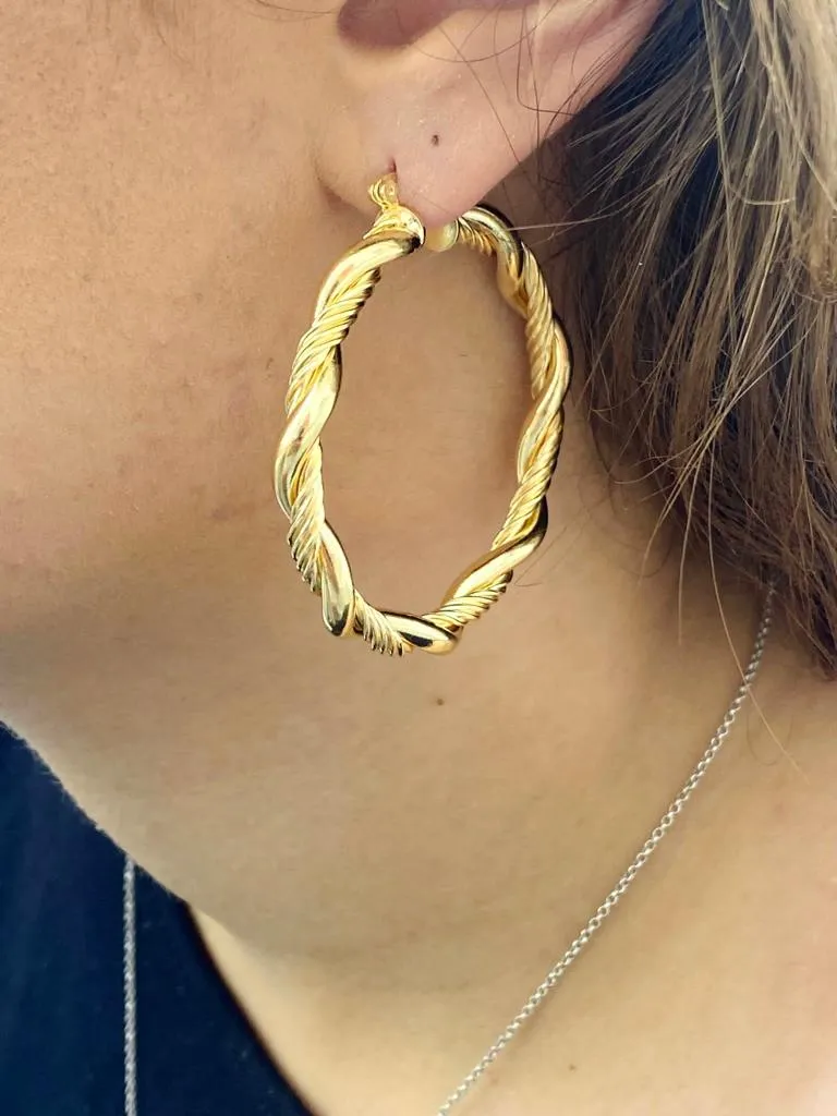 14K Gold Filled Hoop Earrings Women's Girls Twisted 2x1.85" Fashion Everyday Jewelry