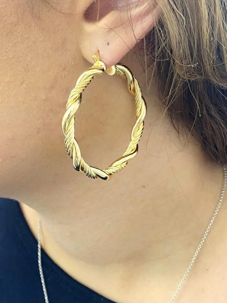 14K Gold Filled Hoop Earrings Women's Girls Twisted 2x1.85" Fashion Everyday Jewelry