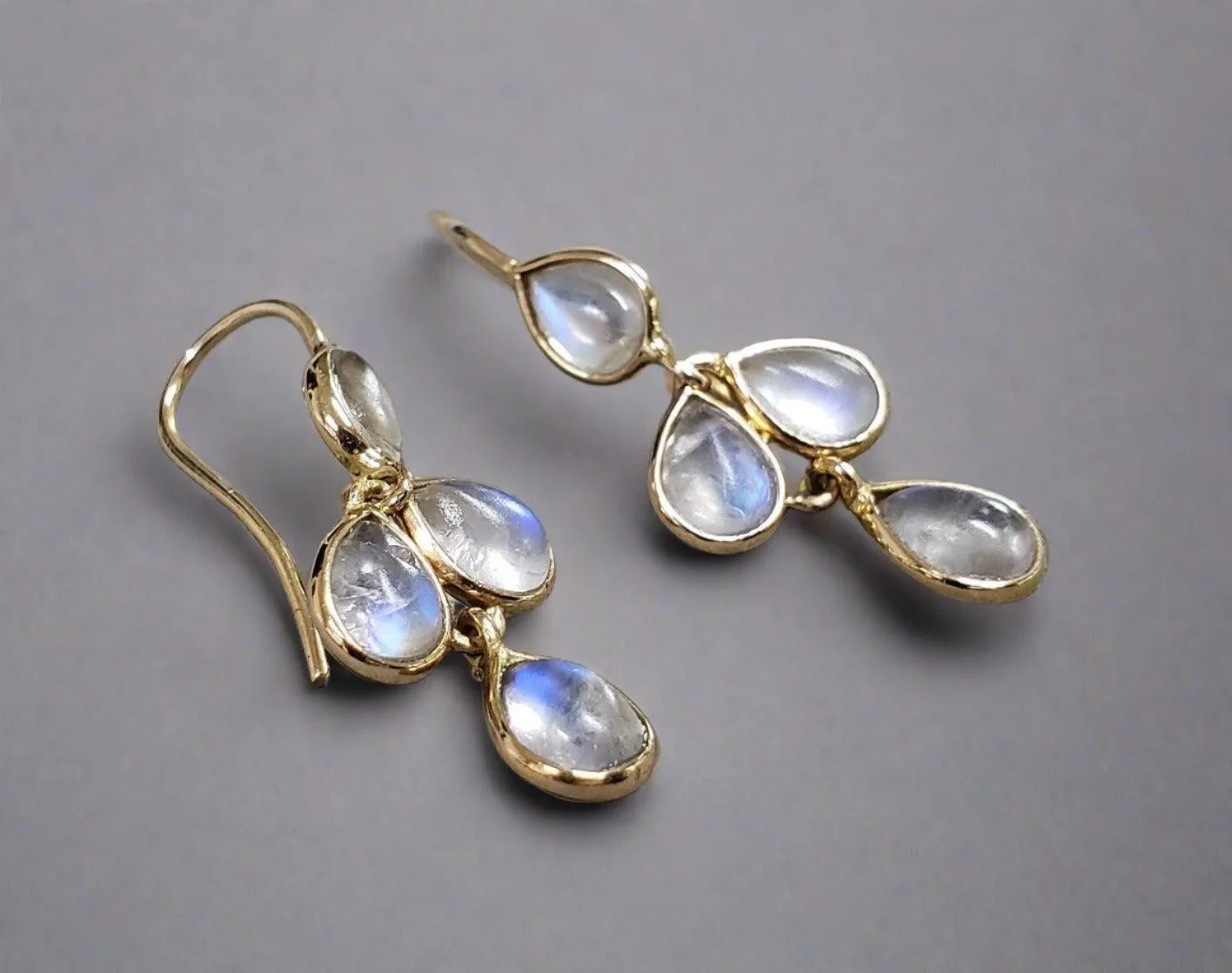 14k Gold Gemstone Dangle Earrings In Rainbow Moonstone