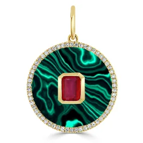 14k Gold Malachite, Ruby & Diamond Disc Charm