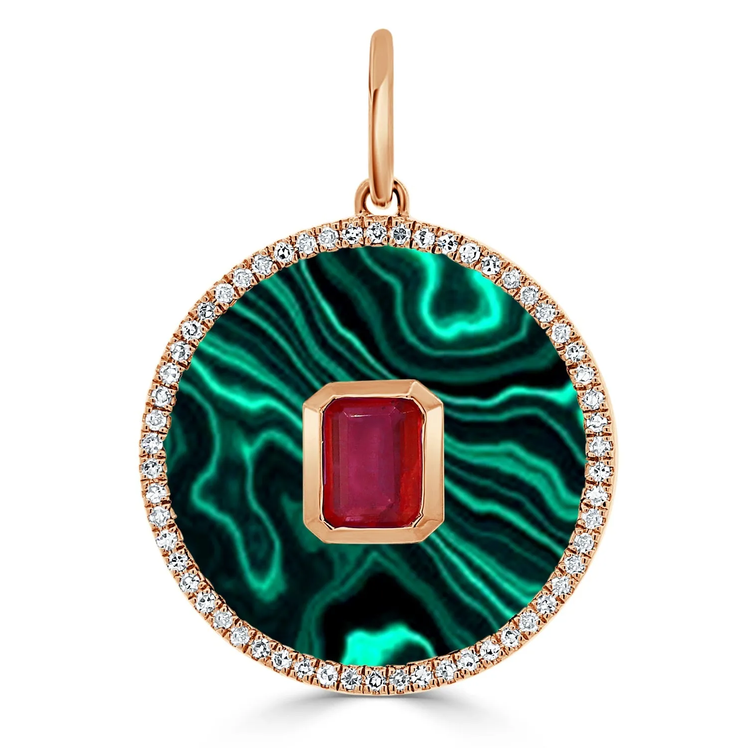 14k Gold Malachite, Ruby & Diamond Disc Charm