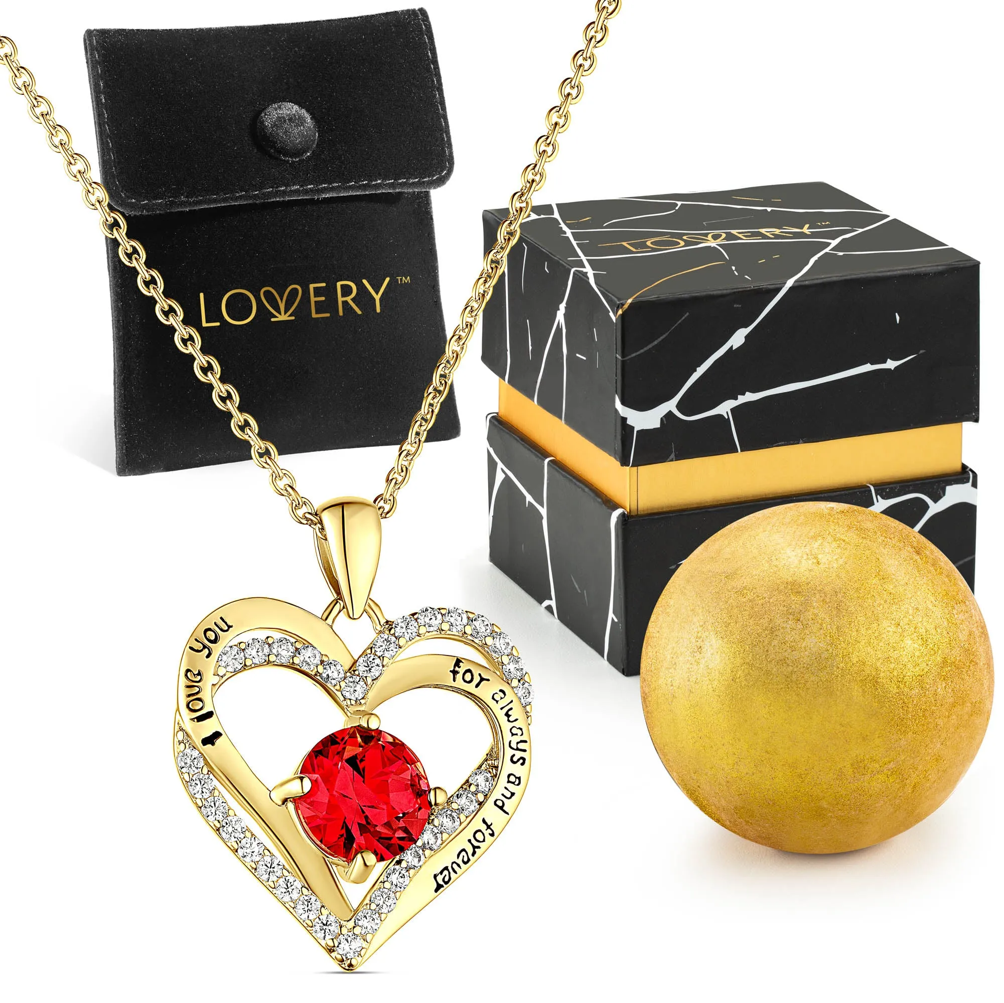 14K Gold Plated Double Heart Ruby & CZ Pendant  & Necklace with Pouch, Bath Bomb & Gift Box