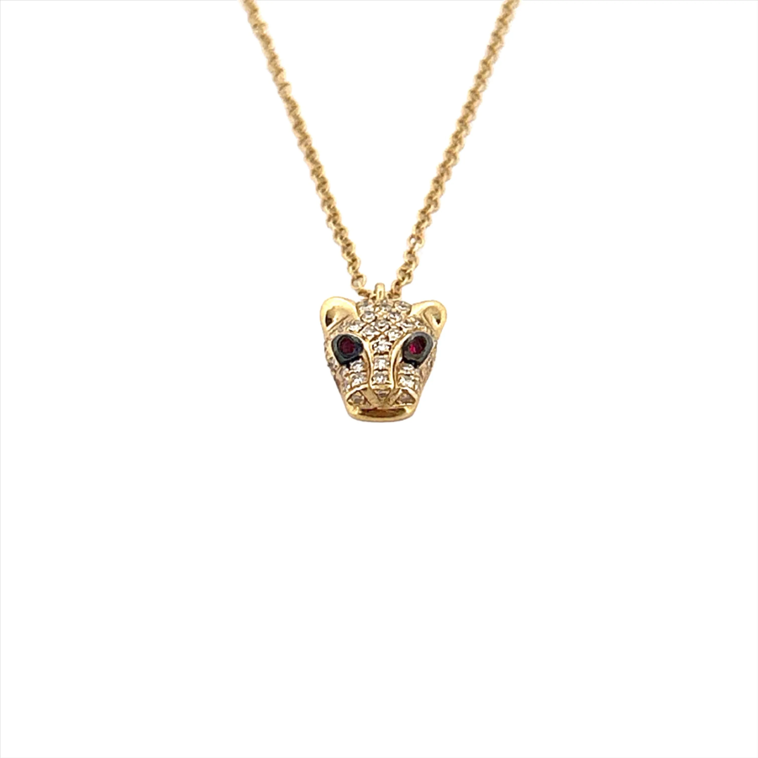 14K Gold Ruby Eye Diamond Panther Necklace