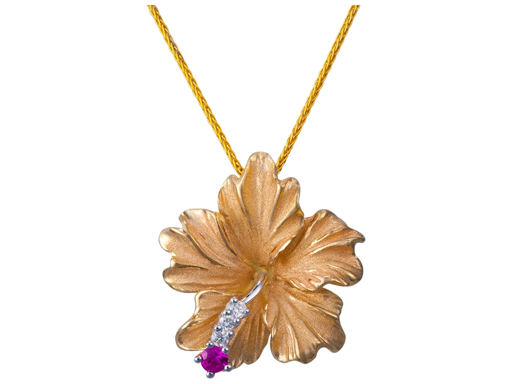 14k Hibiscus Pendant with 3 diamonds and ruby