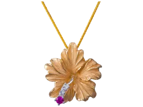 14k Hibiscus Pendant with 3 diamonds and ruby