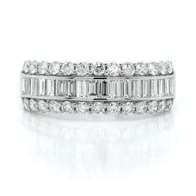 14K White Gold 3 Row Baguette and Round Diamond Band