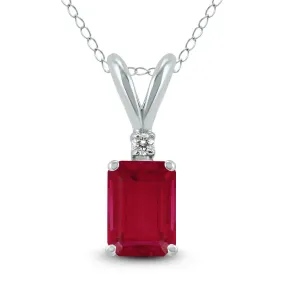 14K White Gold 6X4Mm Emerald Shaped Ruby And Diamond Pendant