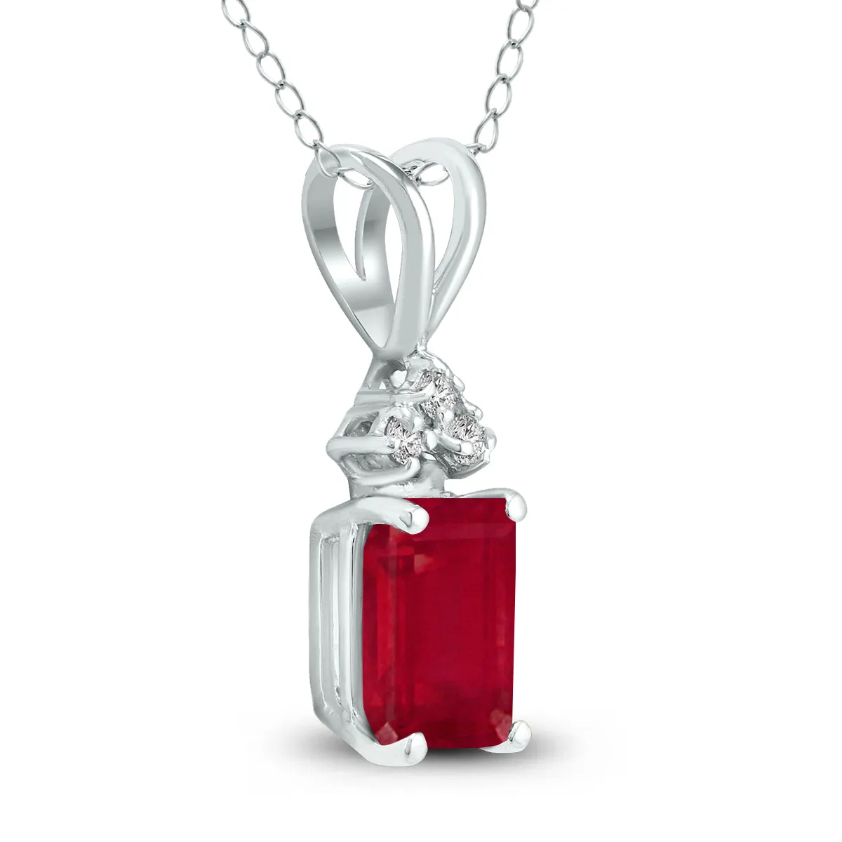 14K White Gold 6X4Mm Emerald Shaped Ruby And Three Stone Diamond Pendant