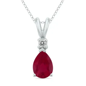 14K White Gold 6X4Mm Pear Ruby And Diamond Pendant