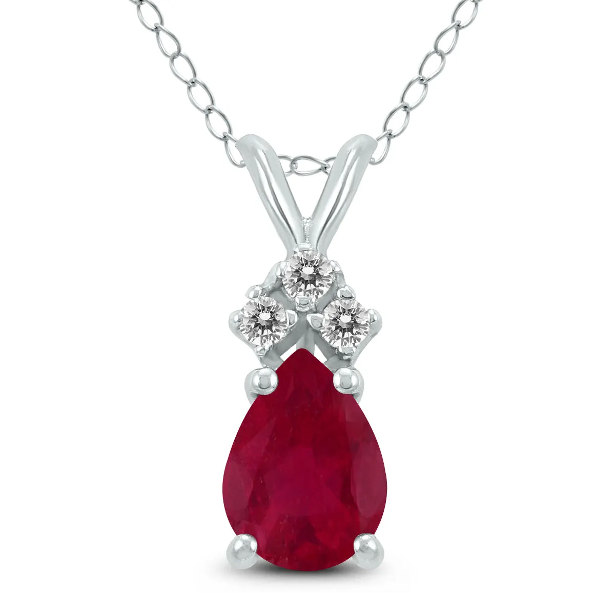 14K White Gold 6X4Mm Pear Ruby And Three Stone Diamond Pendant