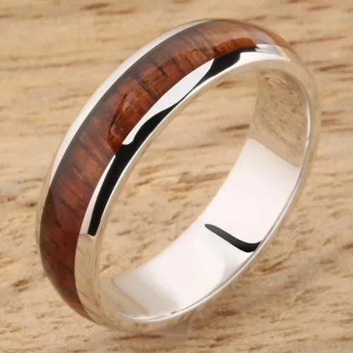 14K White Gold Natural Koa Wood Oval Wedding Ring 5mm