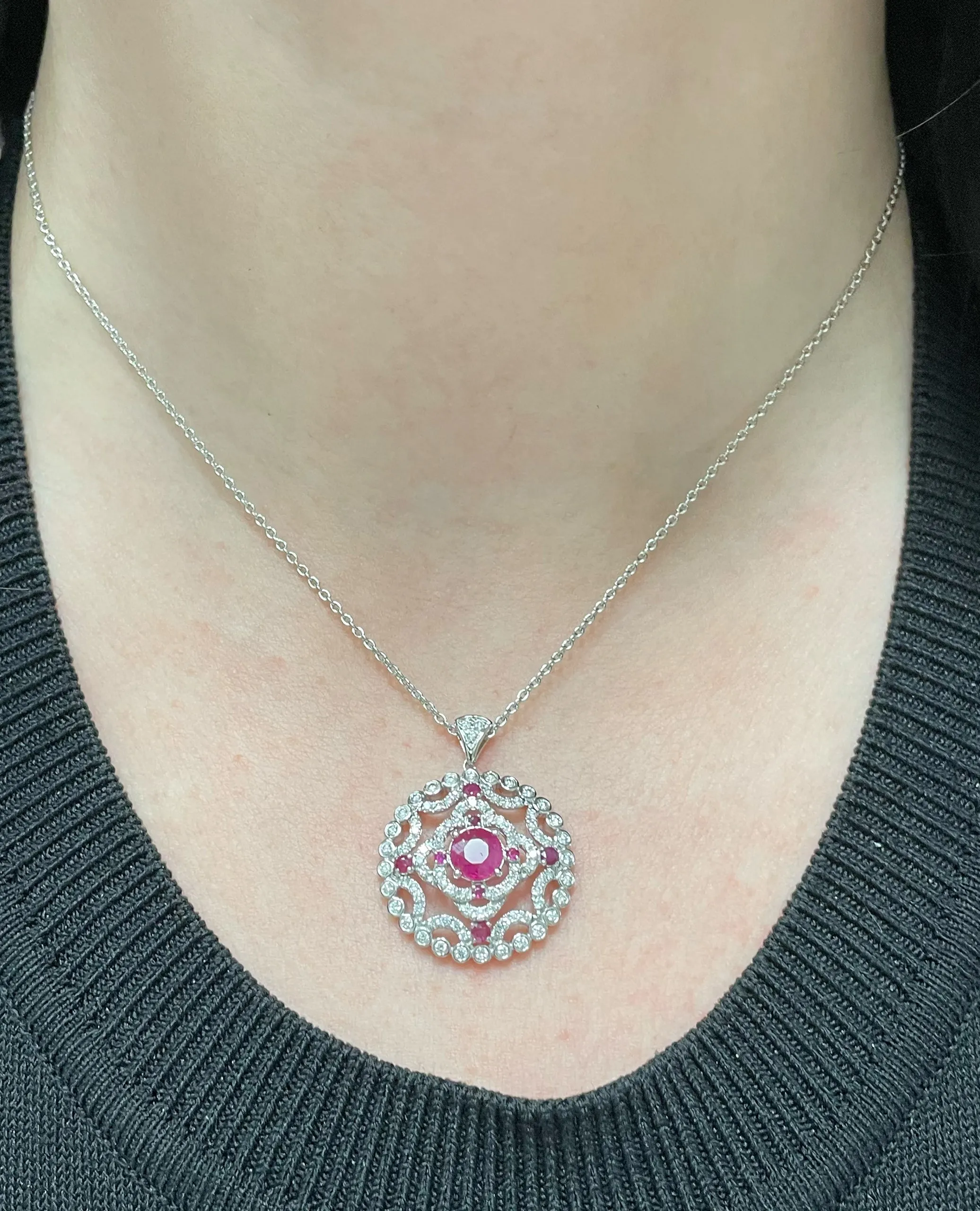 14K White Gold Round Vintage Inspired Ruby & Diamond Pendant Necklace