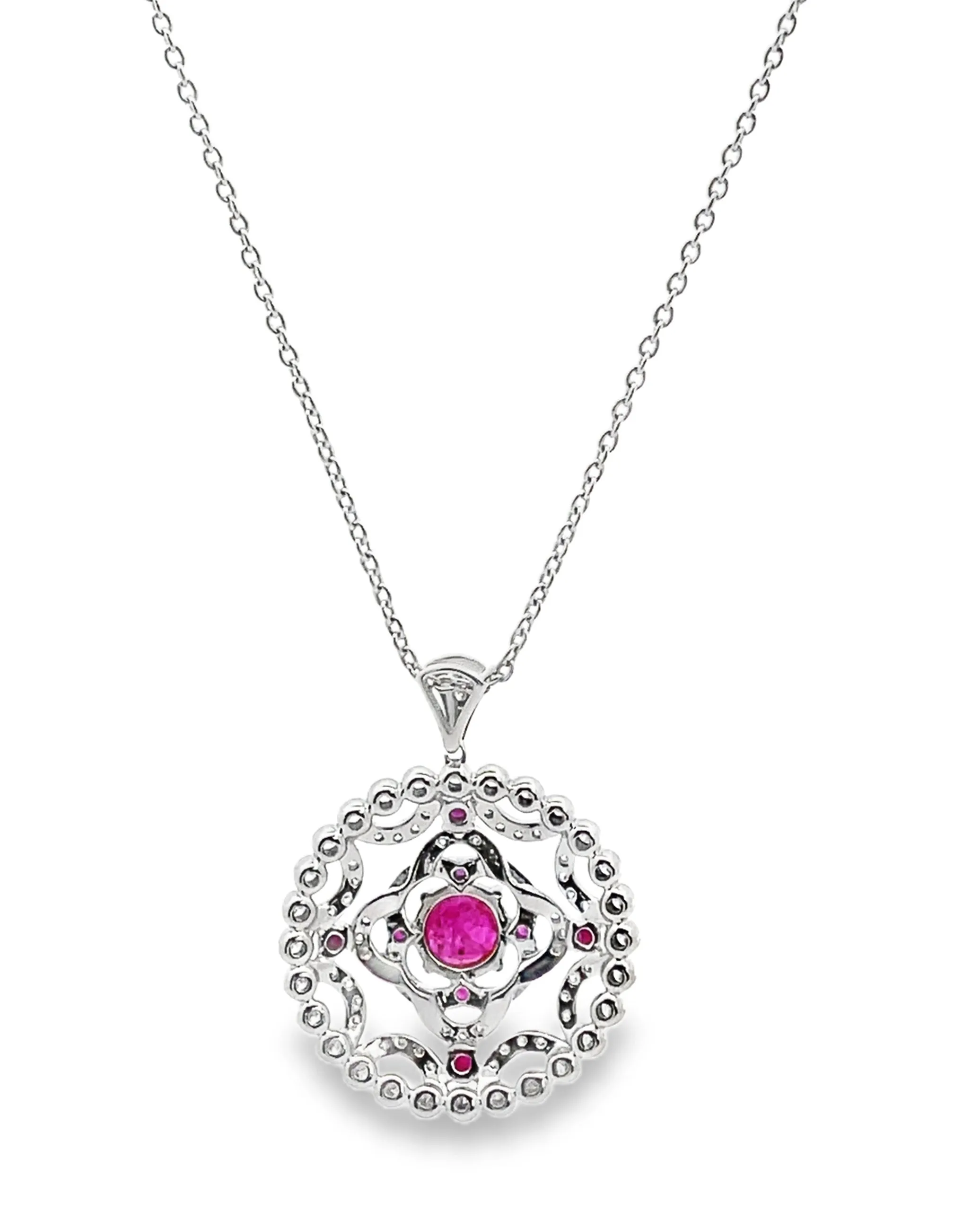 14K White Gold Round Vintage Inspired Ruby & Diamond Pendant Necklace