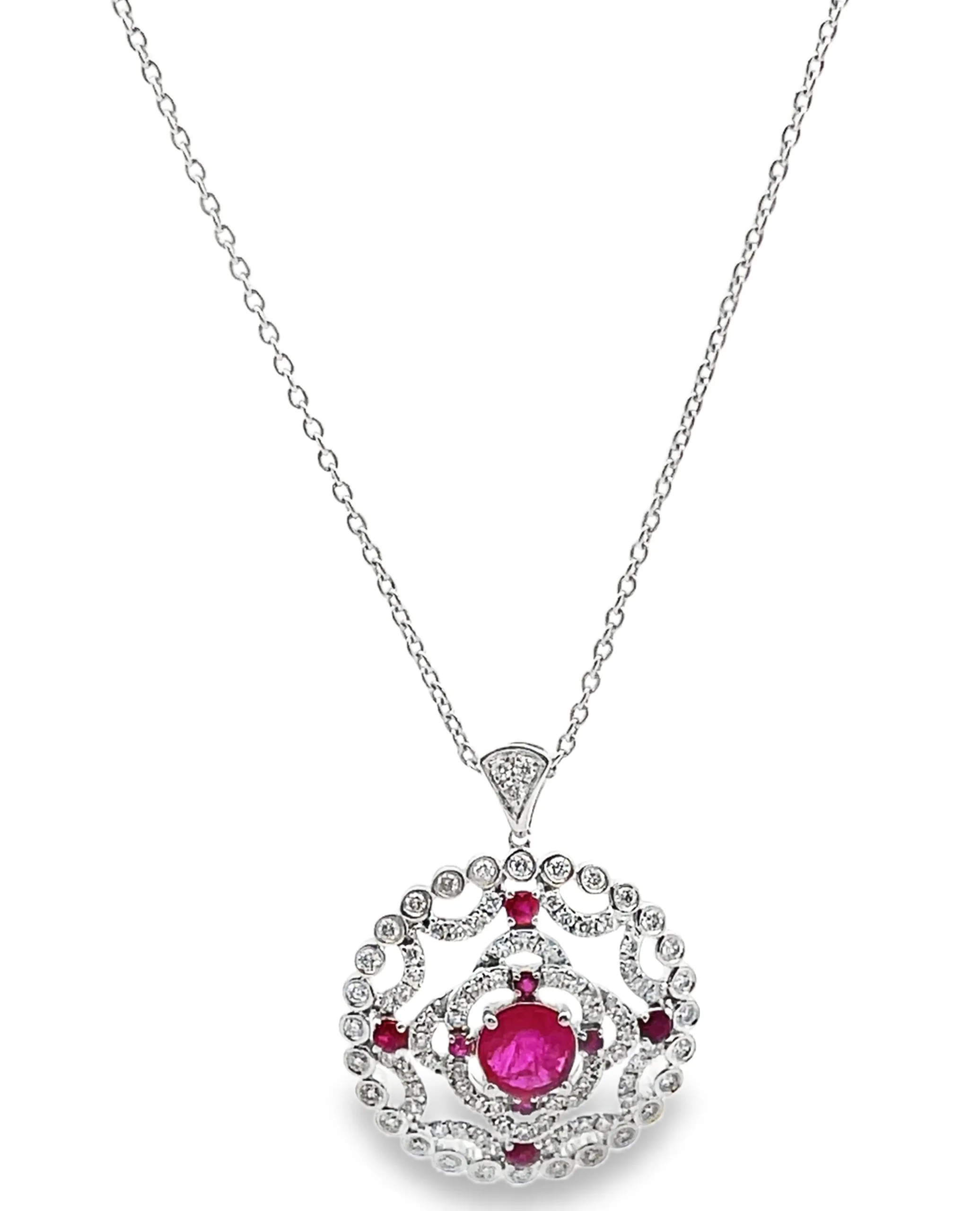 14K White Gold Round Vintage Inspired Ruby & Diamond Pendant Necklace