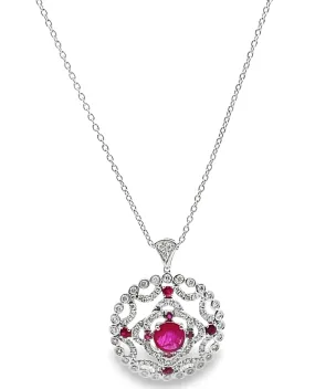 14K White Gold Round Vintage Inspired Ruby & Diamond Pendant Necklace