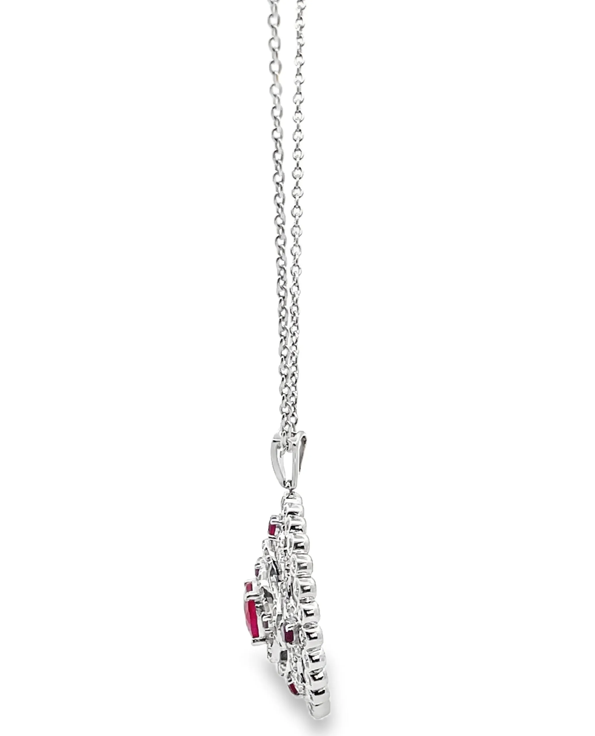 14K White Gold Round Vintage Inspired Ruby & Diamond Pendant Necklace