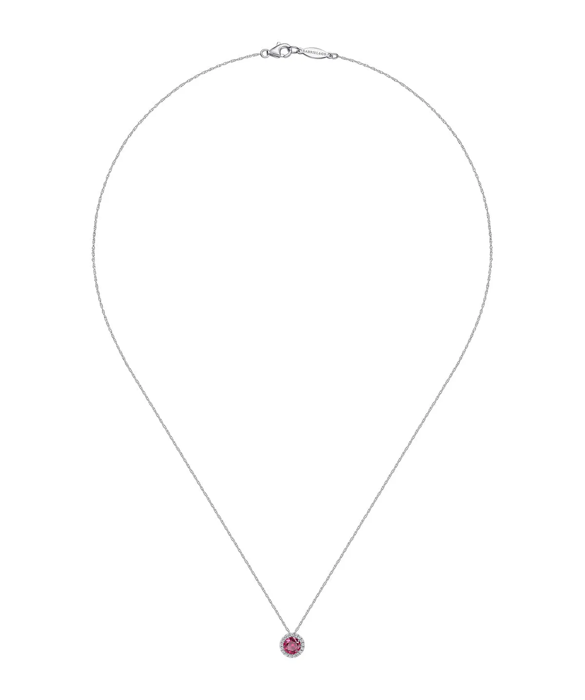 14K White Gold Ruby and Diamond Halo Pendant Necklace