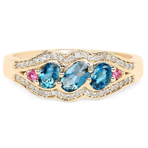 14K Yellow Gold London Blue Topaz Tourmaline & Diamond Ring Size 7