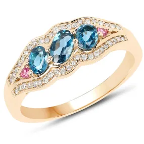 14K Yellow Gold London Blue Topaz Tourmaline & Diamond Ring Size 7