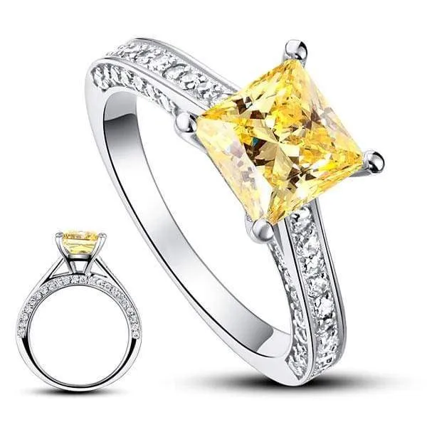 1.5 Carat Princess Yellow Canary Simulated Diamond 925 Sterling Silver Wedding Engagement Ring