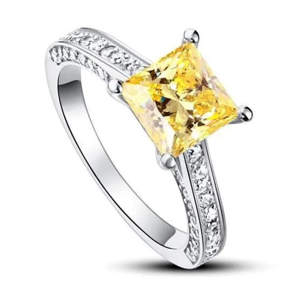 1.5 Carat Princess Yellow Canary Simulated Diamond 925 Sterling Silver Wedding Engagement Ring