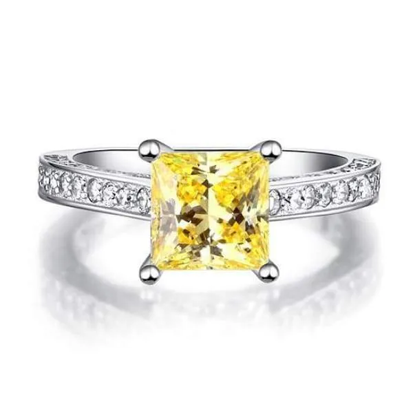 1.5 Carat Princess Yellow Canary Simulated Diamond 925 Sterling Silver Wedding Engagement Ring