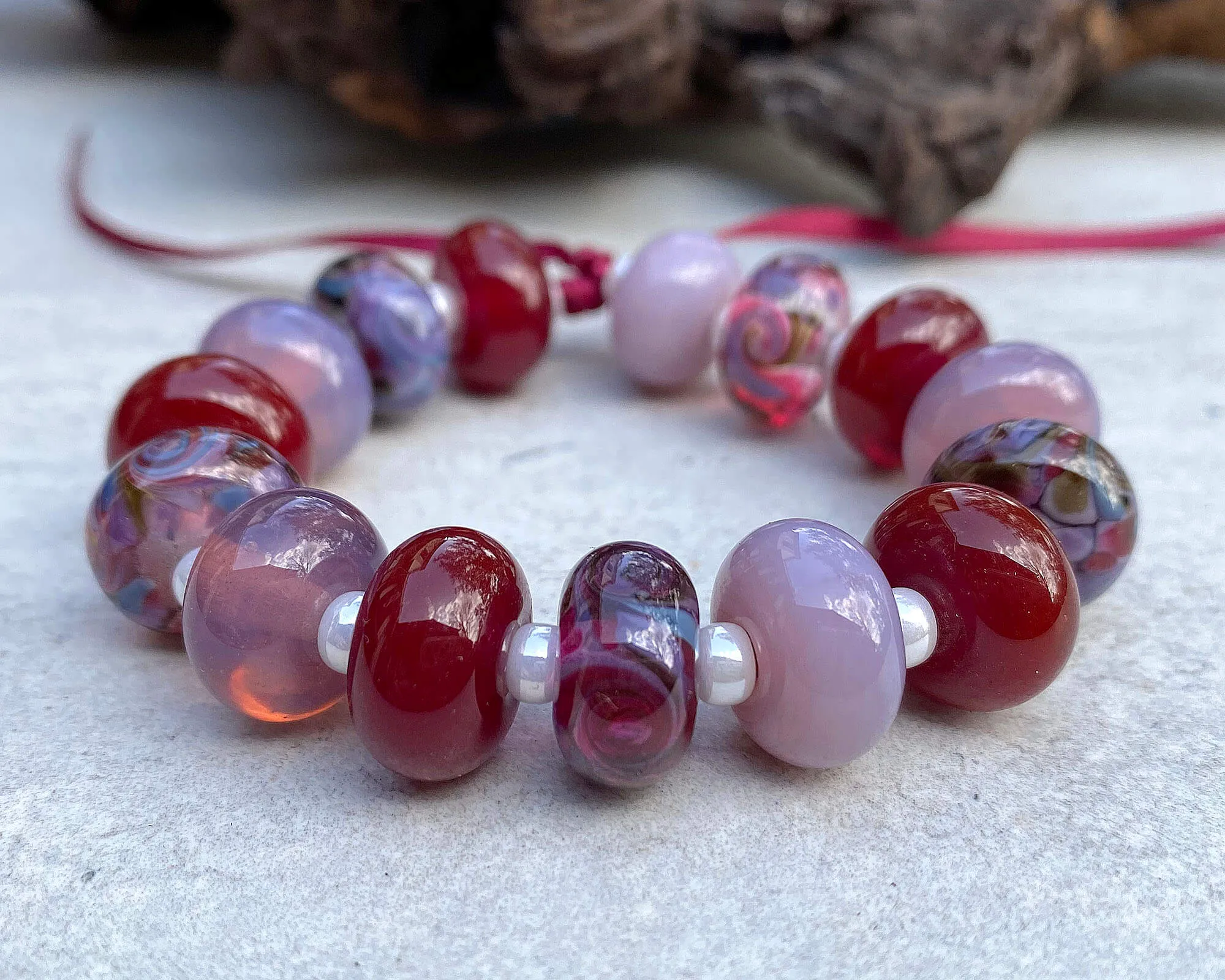 15 Handmade Red & Purple Swirl Lampwork Beads Set SRA