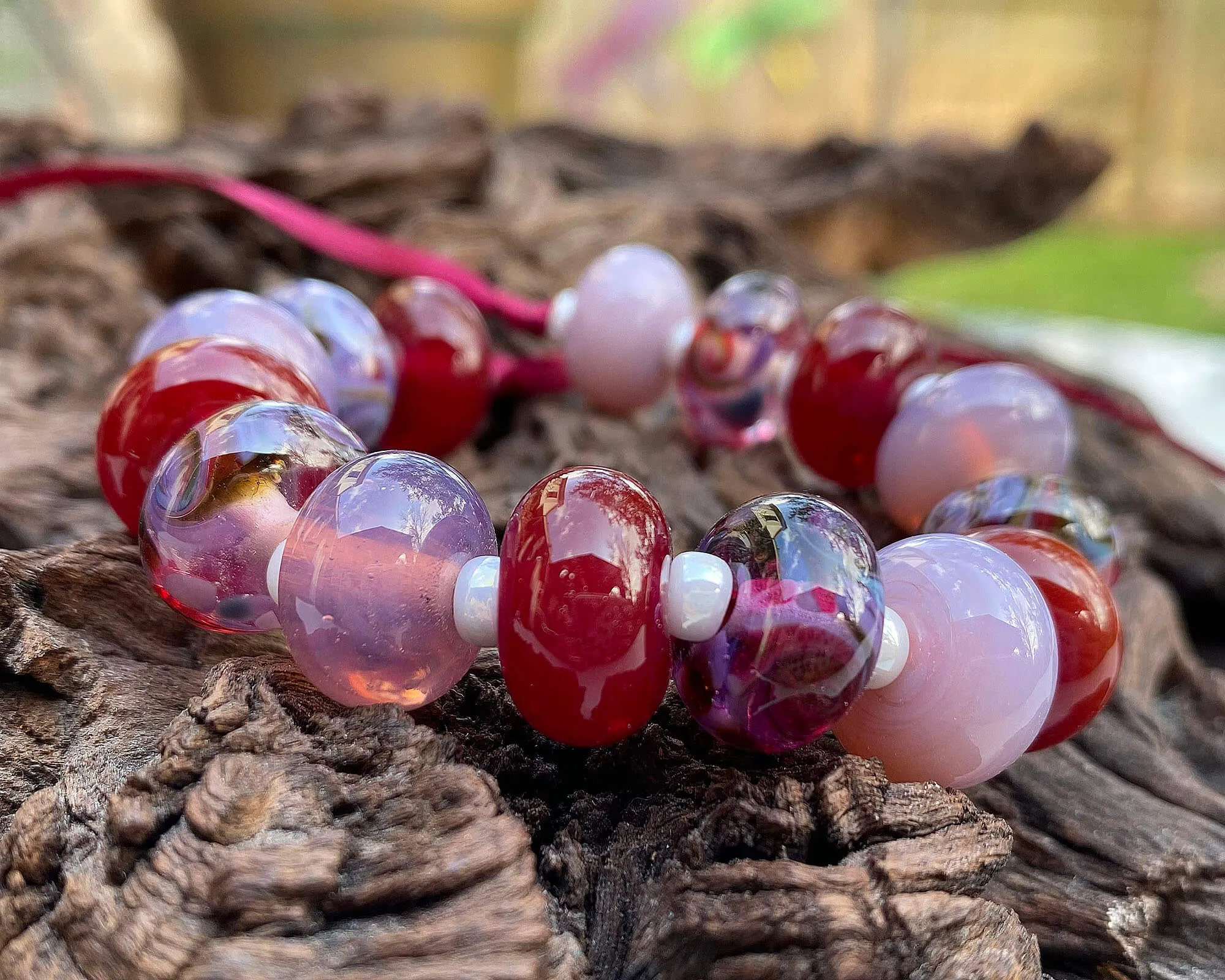 15 Handmade Red & Purple Swirl Lampwork Beads Set SRA