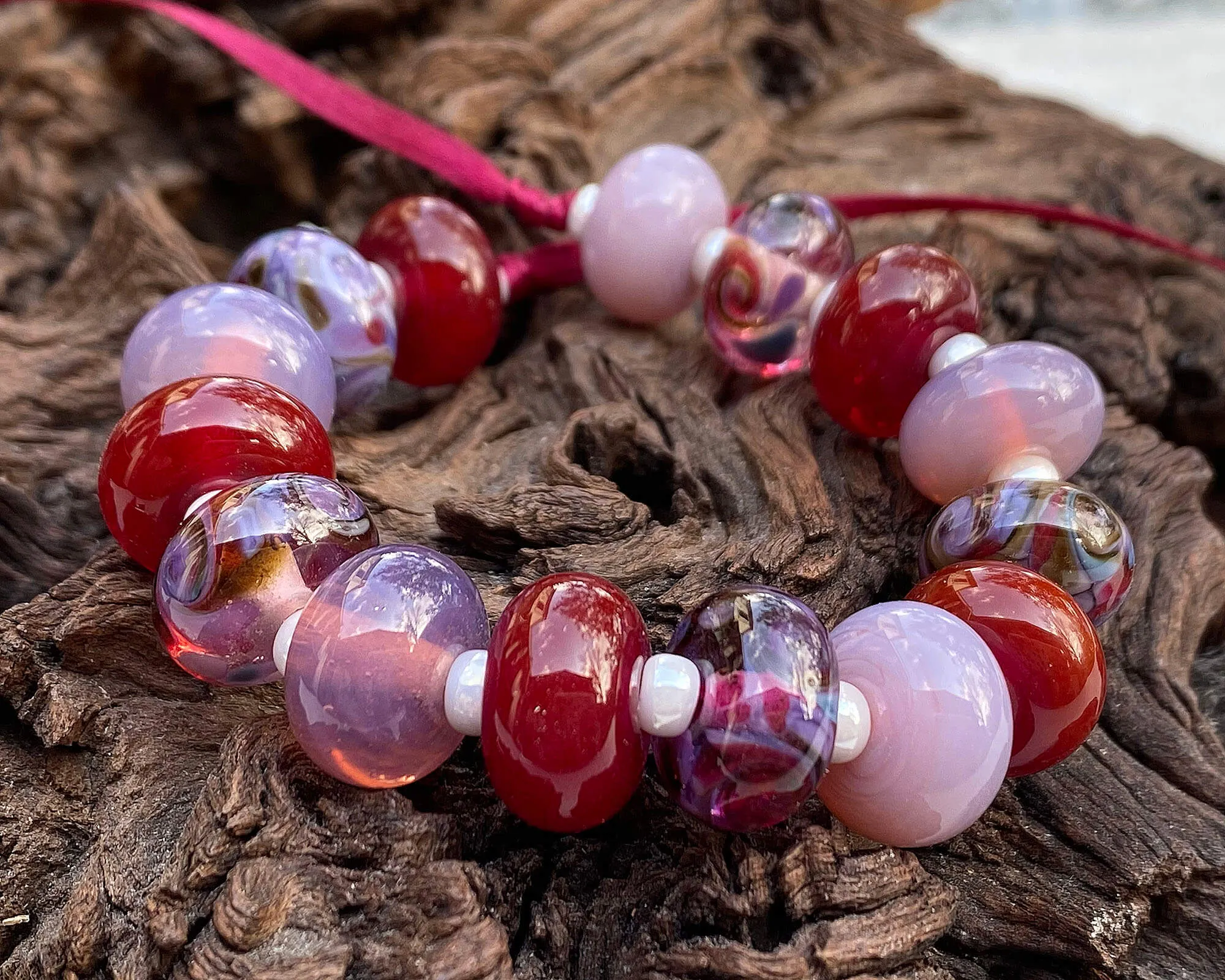 15 Handmade Red & Purple Swirl Lampwork Beads Set SRA