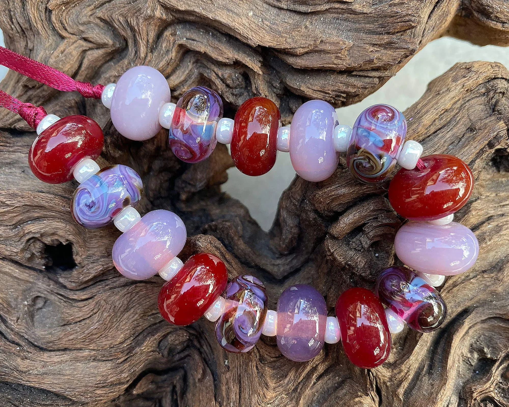 15 Handmade Red & Purple Swirl Lampwork Beads Set SRA