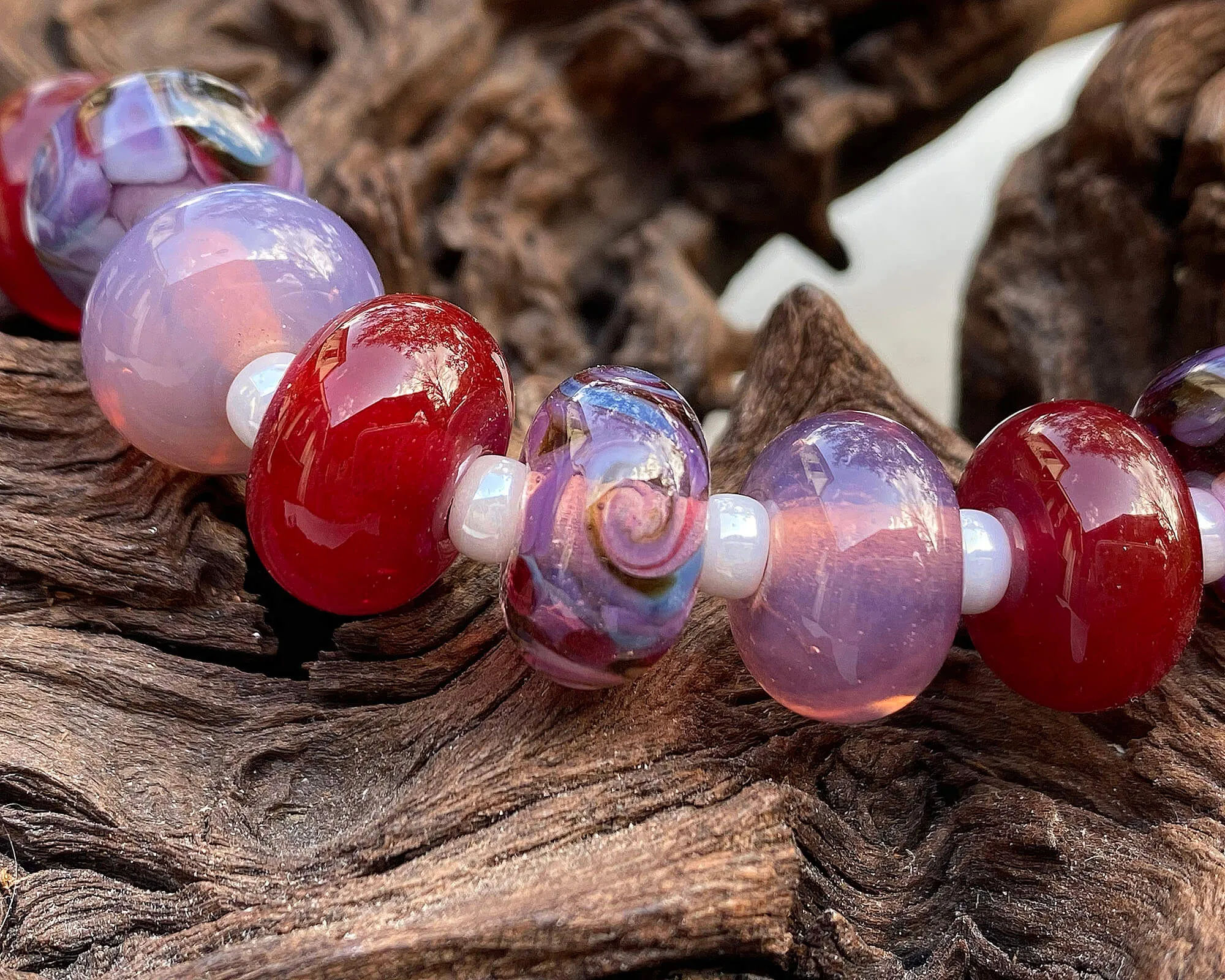 15 Handmade Red & Purple Swirl Lampwork Beads Set SRA