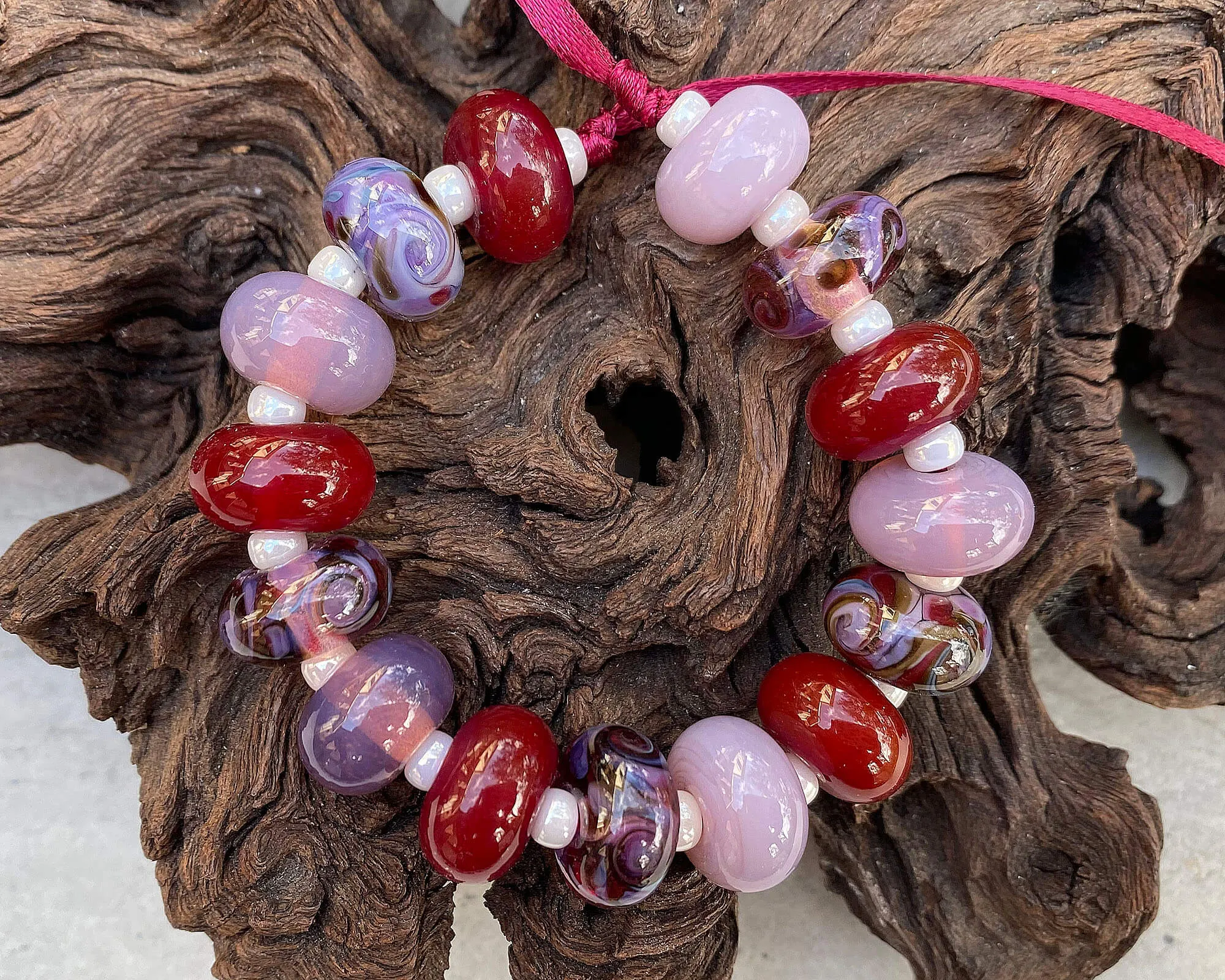 15 Handmade Red & Purple Swirl Lampwork Beads Set SRA