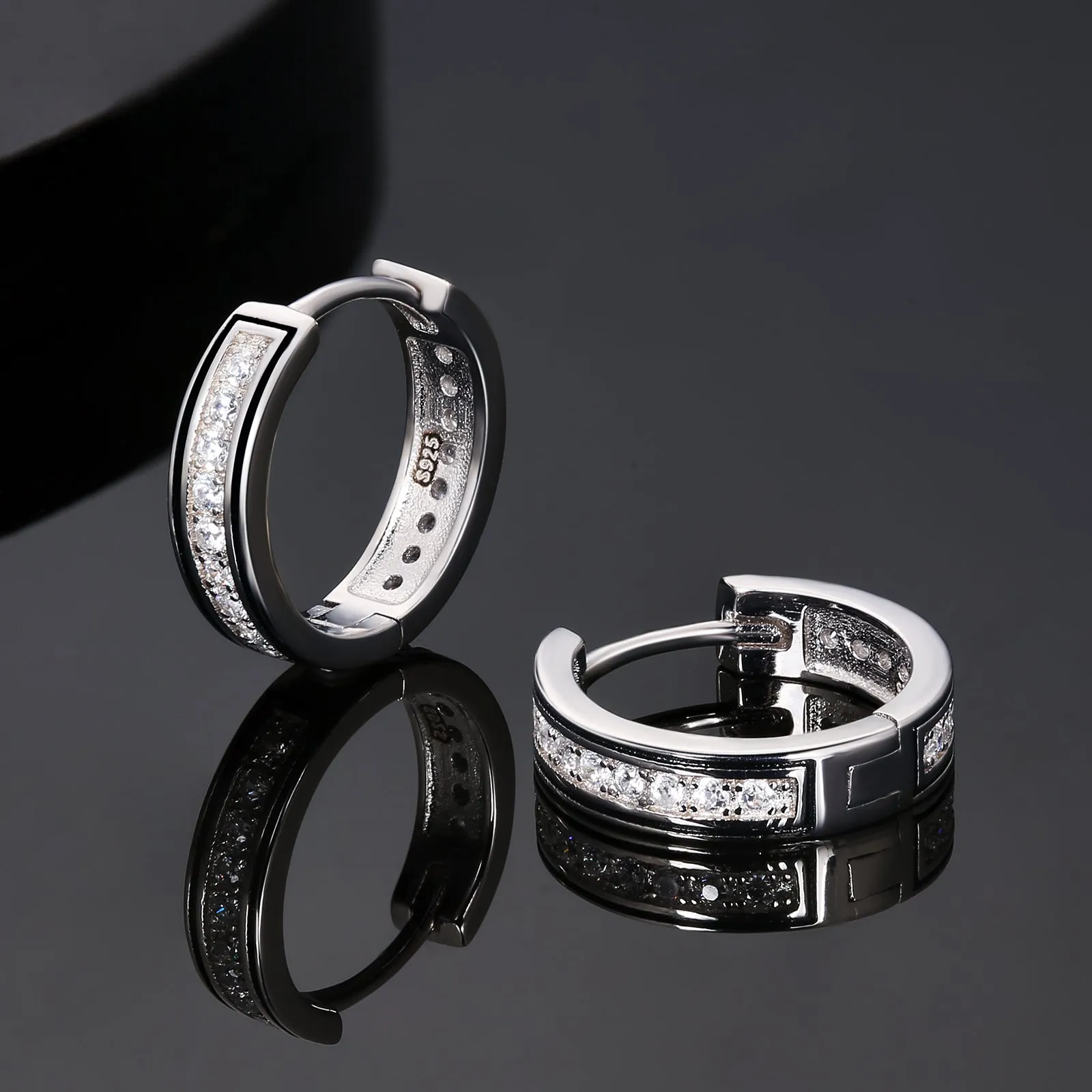 15mm Iced Out Sterling Silver Diamond Round Hoop Mens Earrings