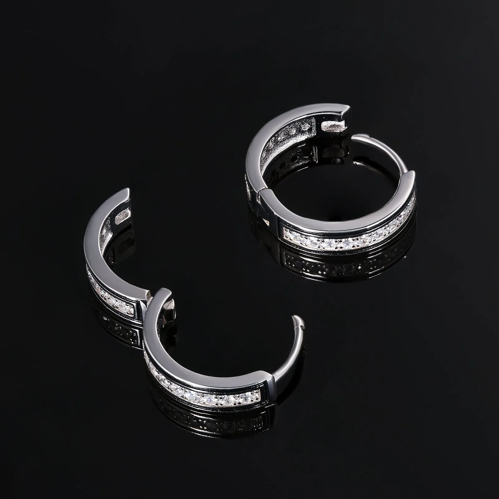 15mm Iced Out Sterling Silver Diamond Round Hoop Mens Earrings