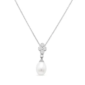 18ct White Gold Diamond & Clustered Pearl Drop Pendant Necklace 17"