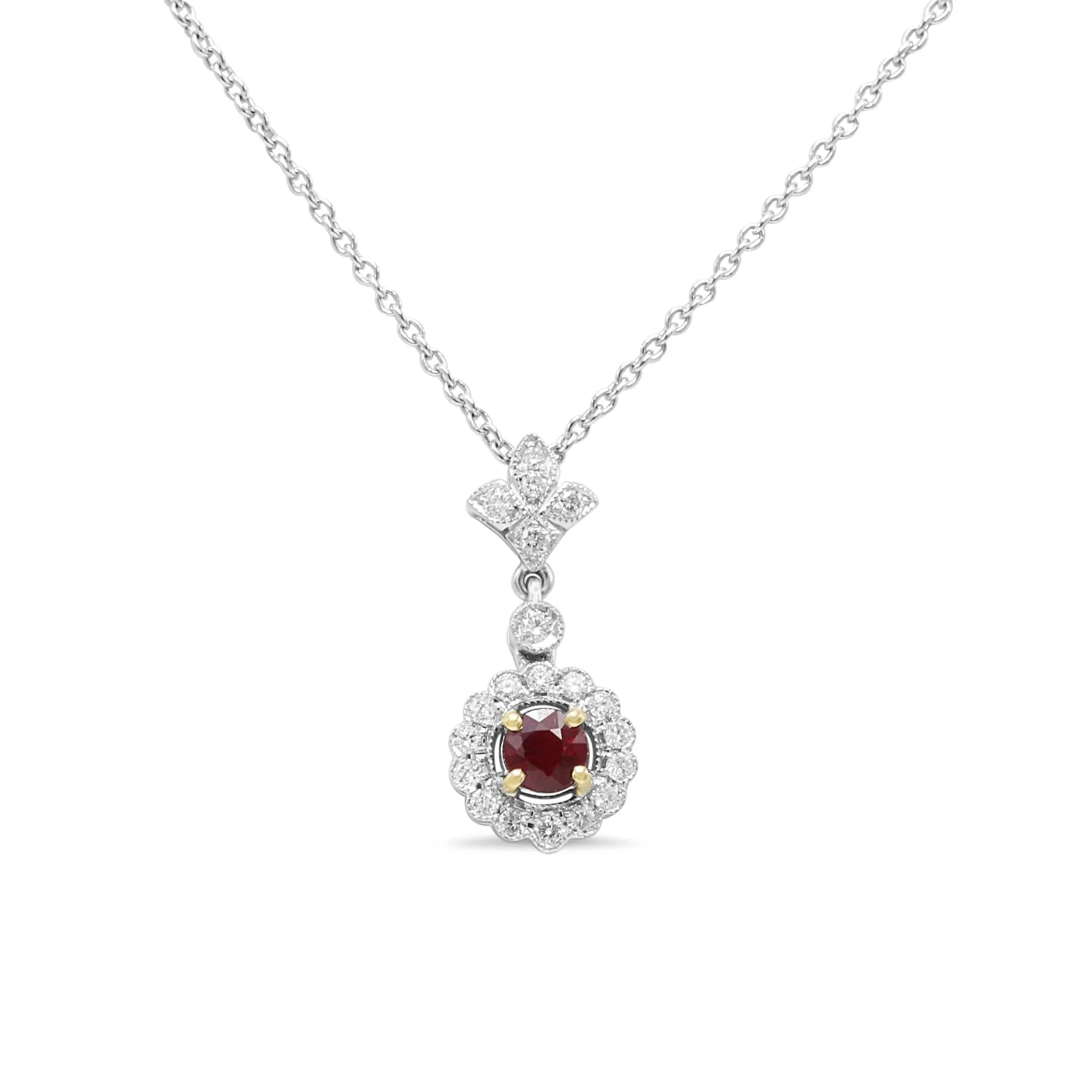 18ct White Gold Diamond & Ruby Cluster Drop Necklace 17"