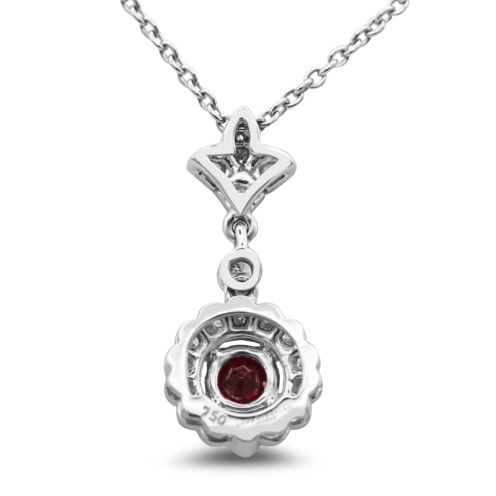 18ct White Gold Diamond & Ruby Cluster Drop Necklace 17"