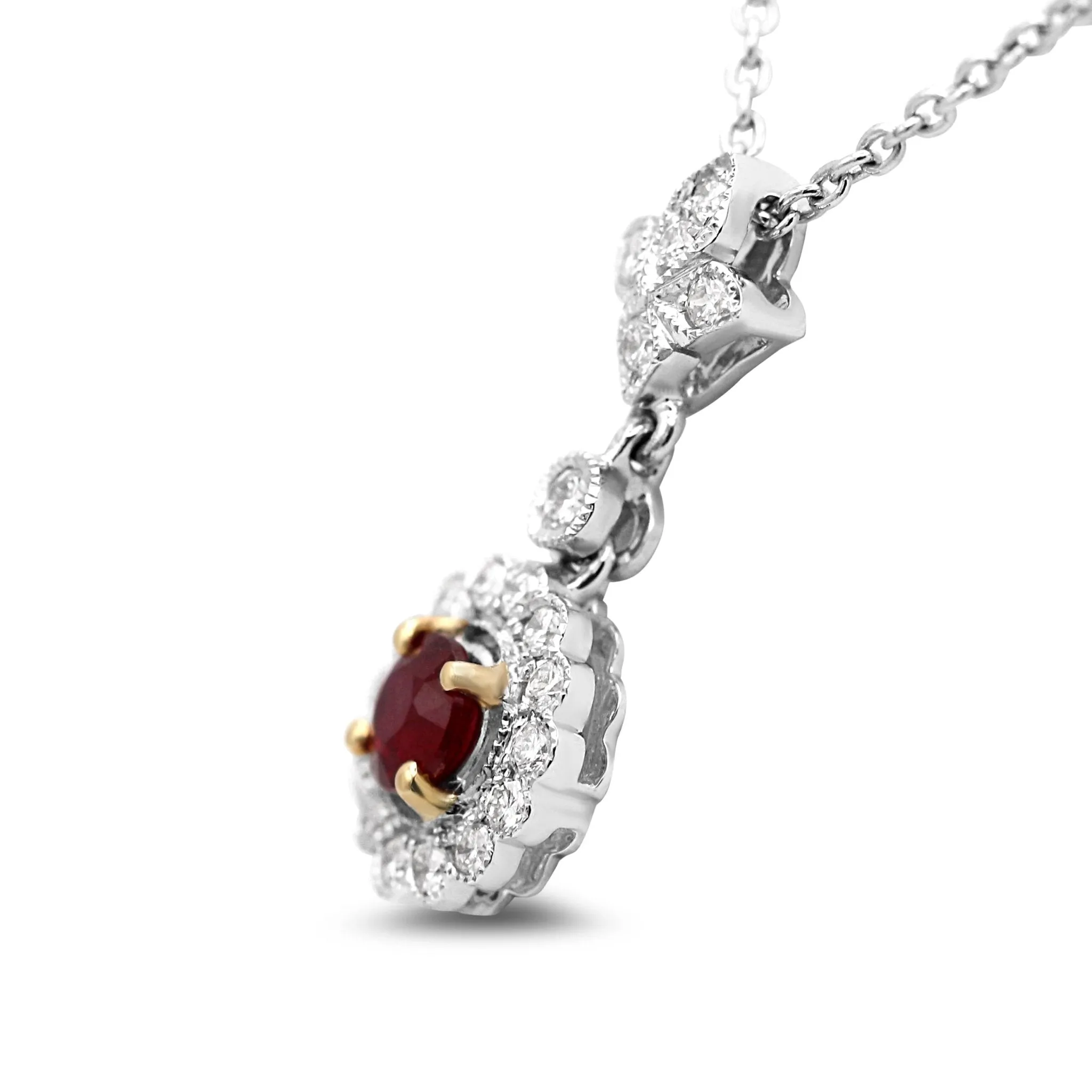 18ct White Gold Diamond & Ruby Cluster Drop Necklace 17"