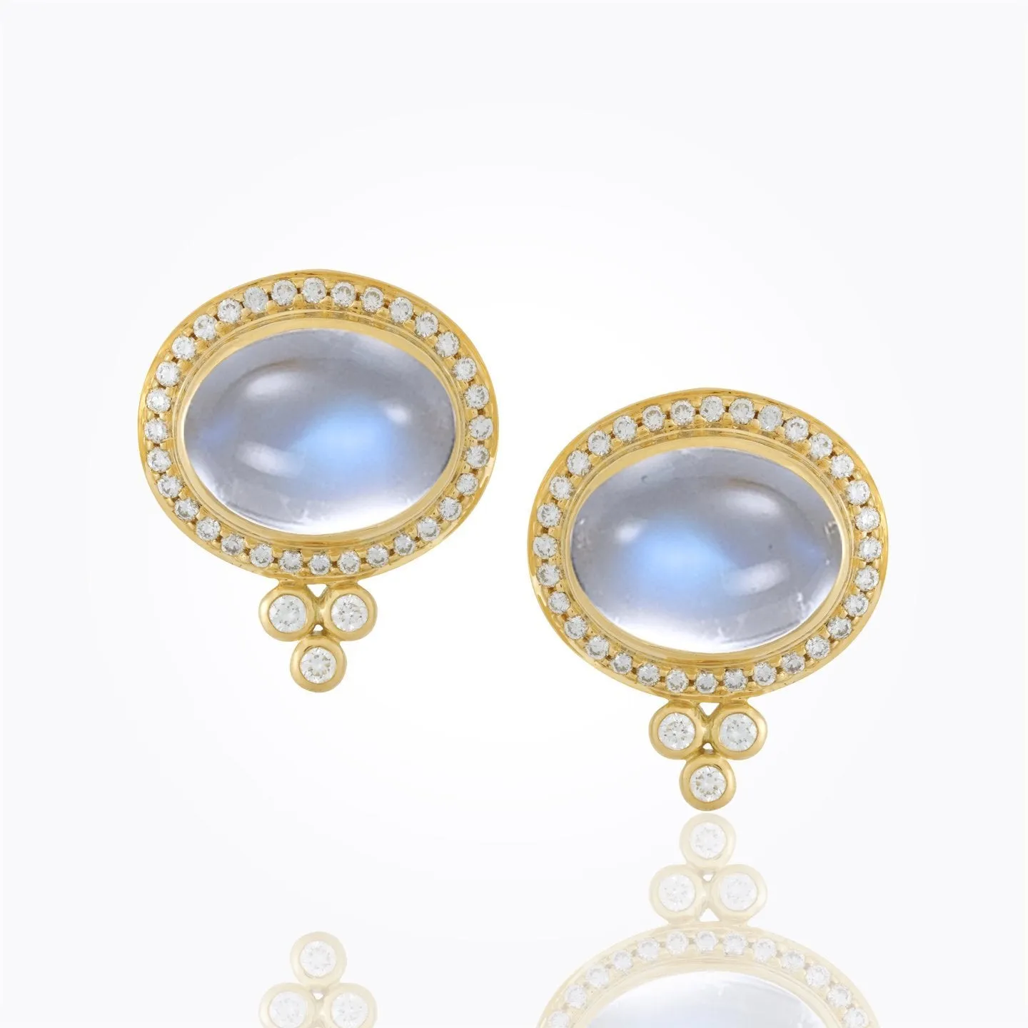 18K pavé Halo Post Earrings with royal blue moonstone and diamond pavé