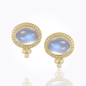 18K pavé Halo Post Earrings with royal blue moonstone and diamond pavé