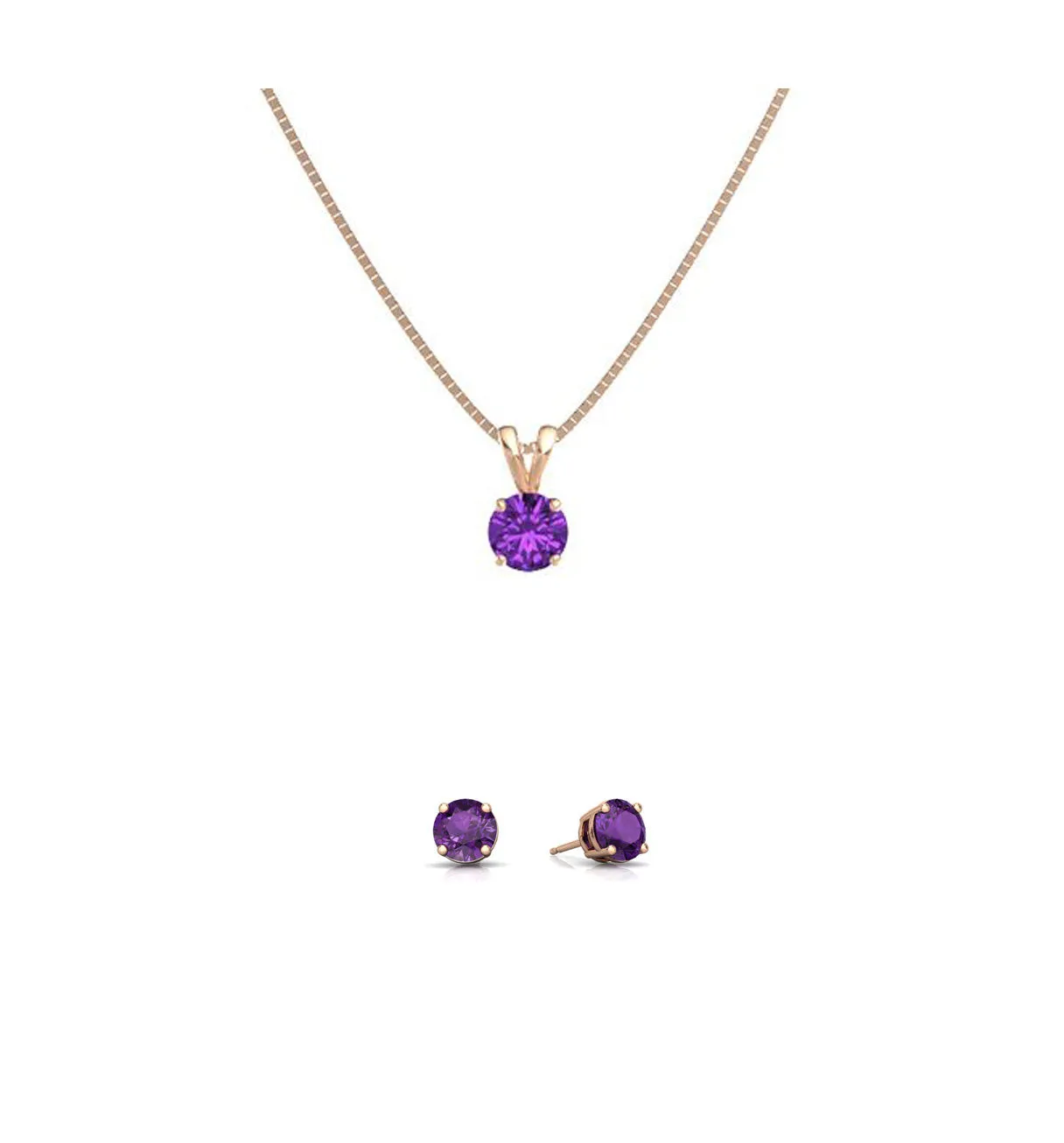 18K Rose Gold 1ct Amethyst Round 18 Inch Necklace and Earrings Set Plated