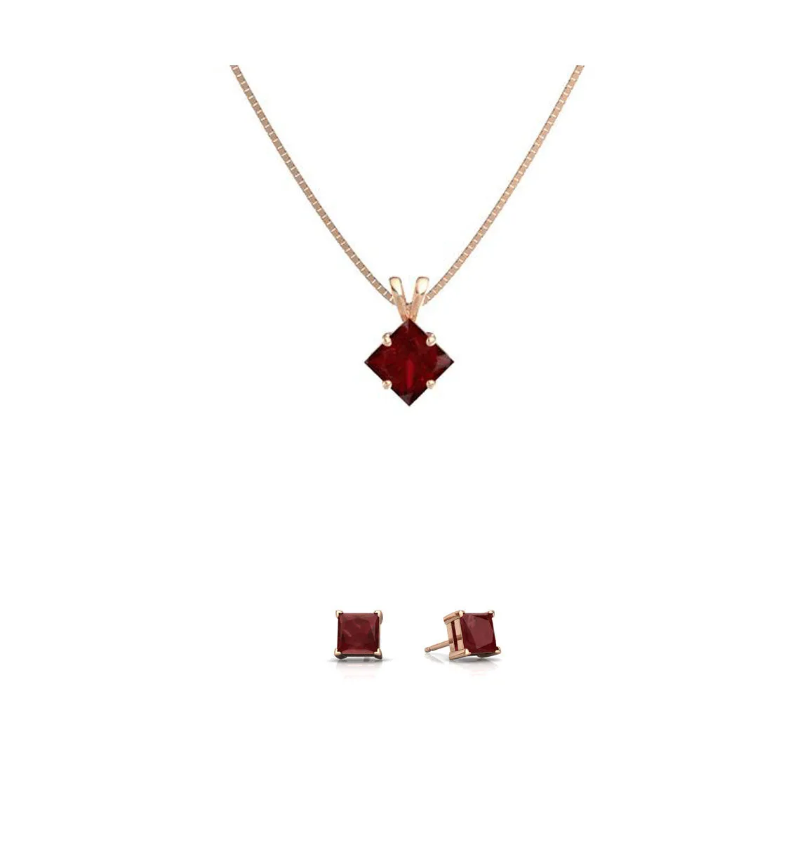 18K Rose Gold 4ct Ruby Square 18 Inch Necklace and Earrings Set Plated