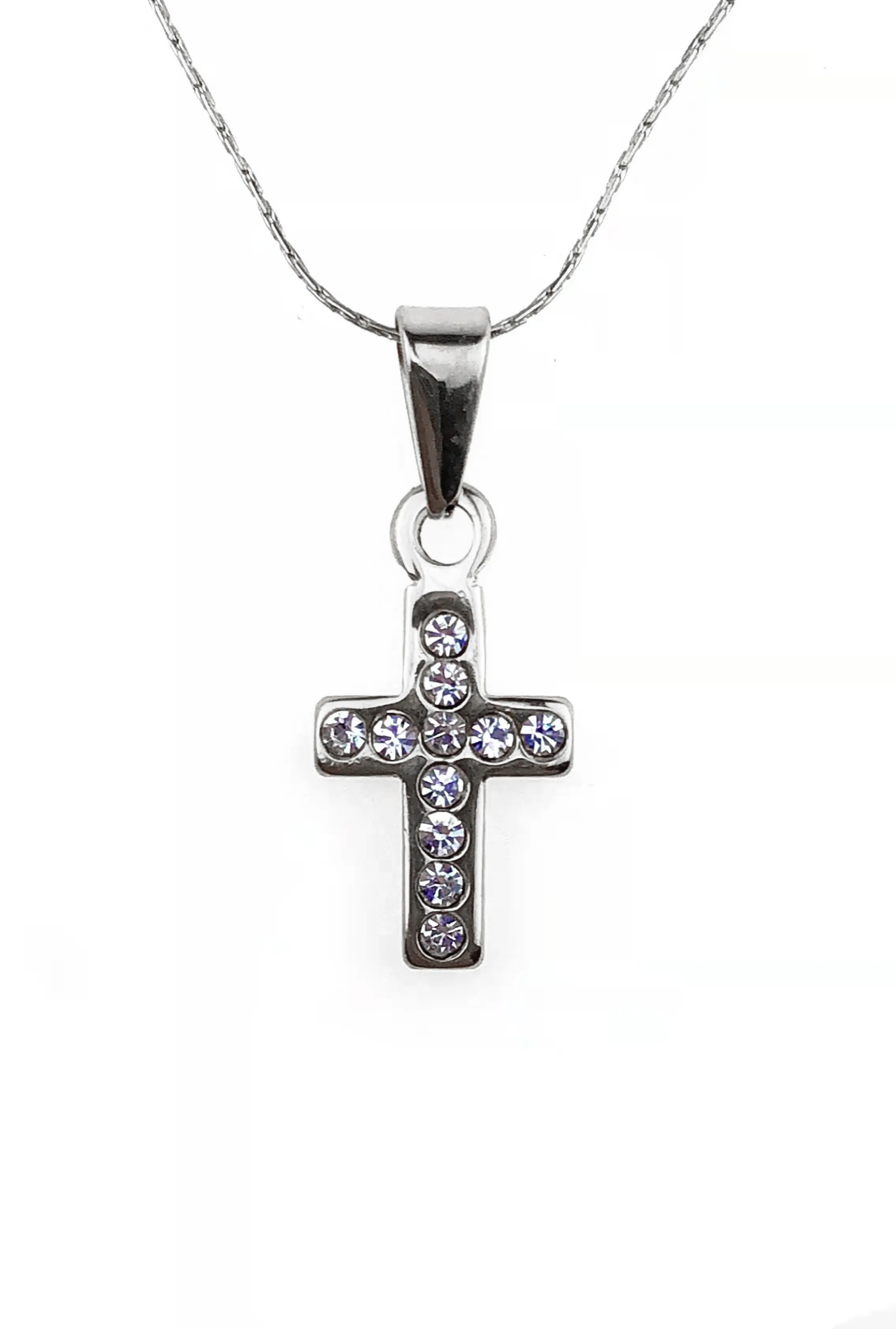 18K White Gold 3 ct Created Diamond Cross Stud Necklace Plated 18 inch