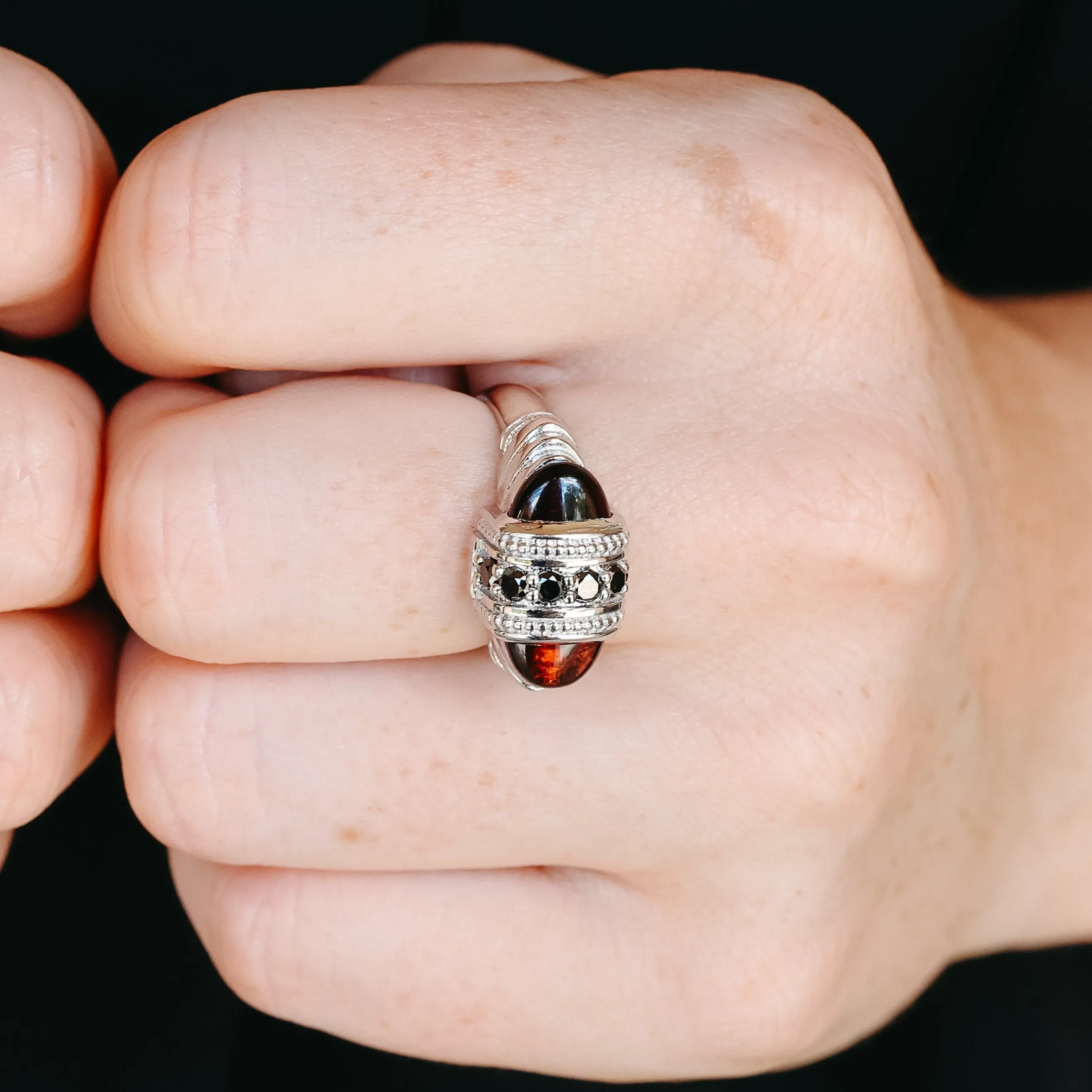 18k White Gold Arch Ring with Garnets and Black Diamonds