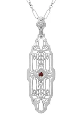 1920's Art Deco Filigree North South Ruby Pendant Necklace in Sterling Silver